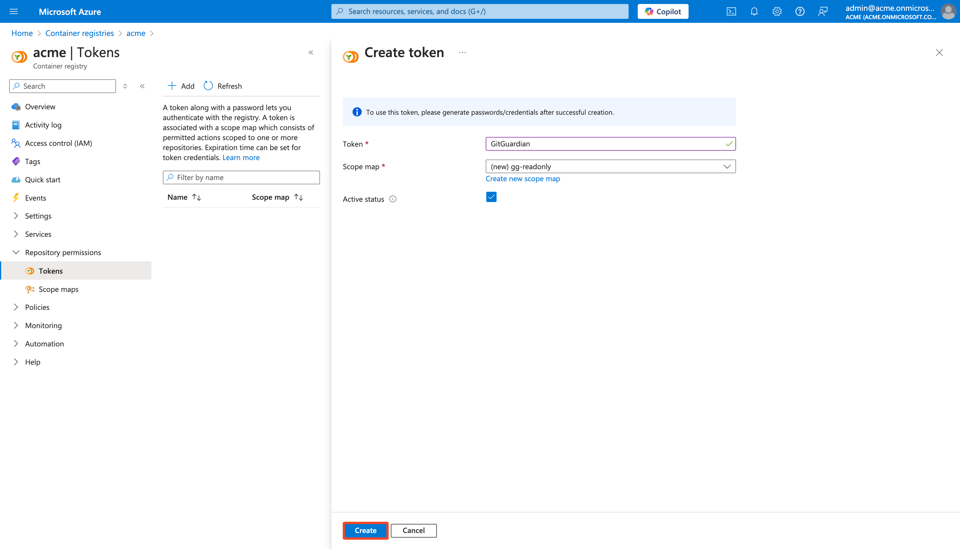 Azure Container Registry Create Token Confirmation