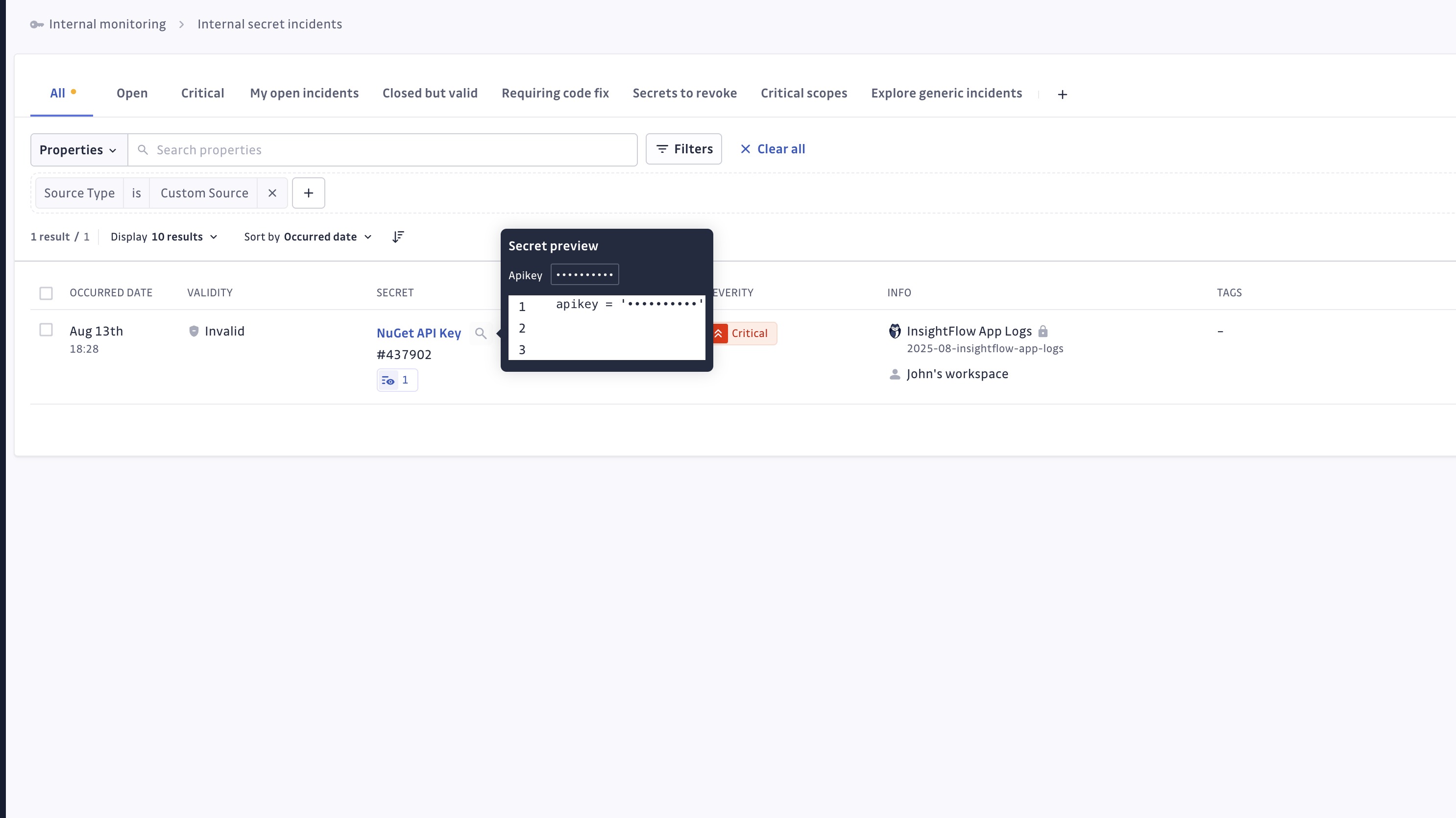 Custom Source Incident Preview