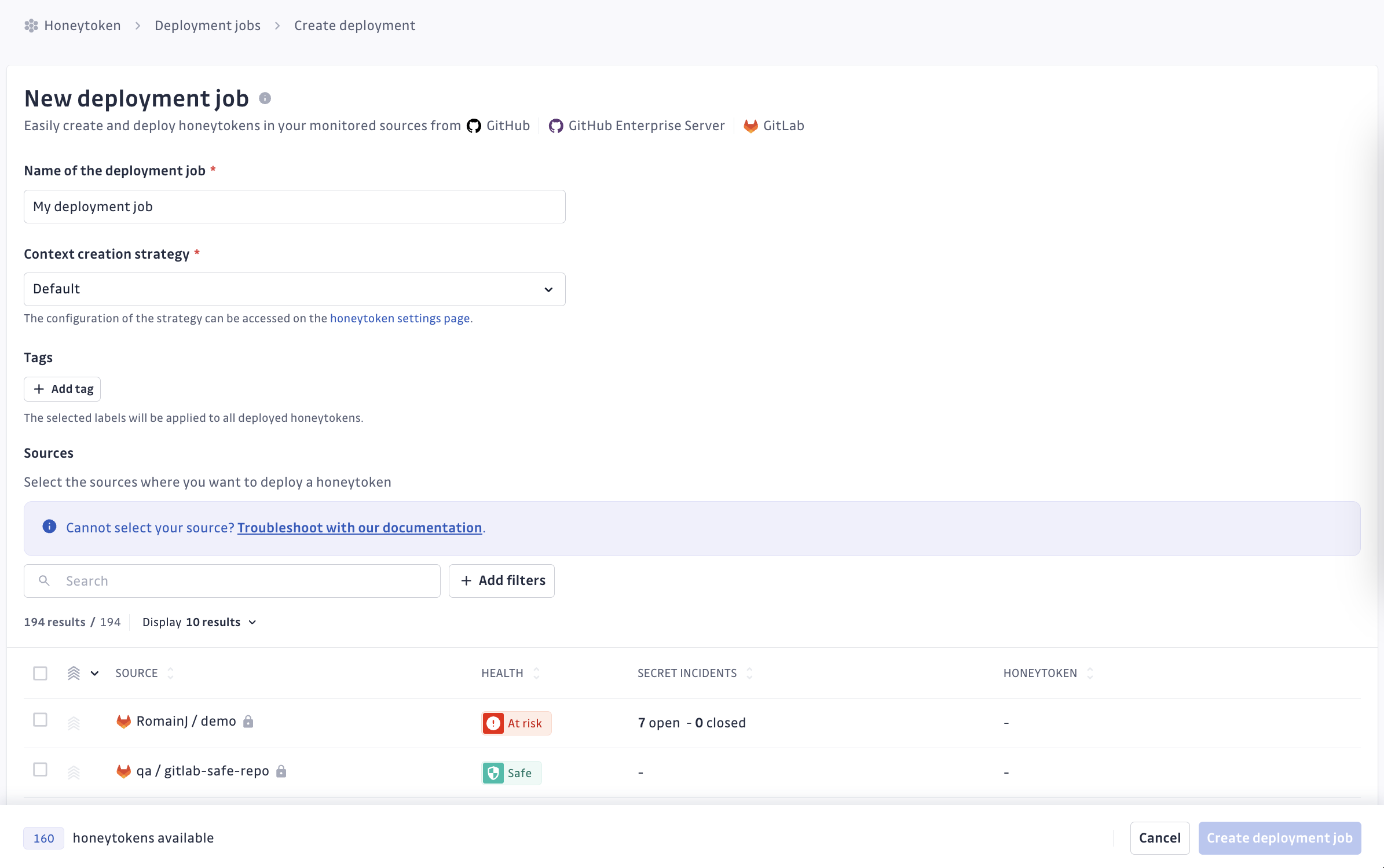 Deployment jobs page