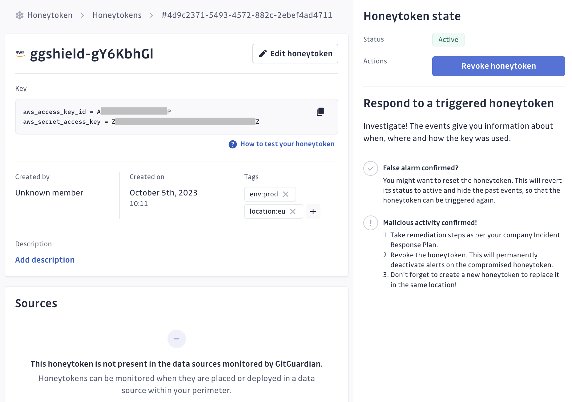 Honeytoken detailed page