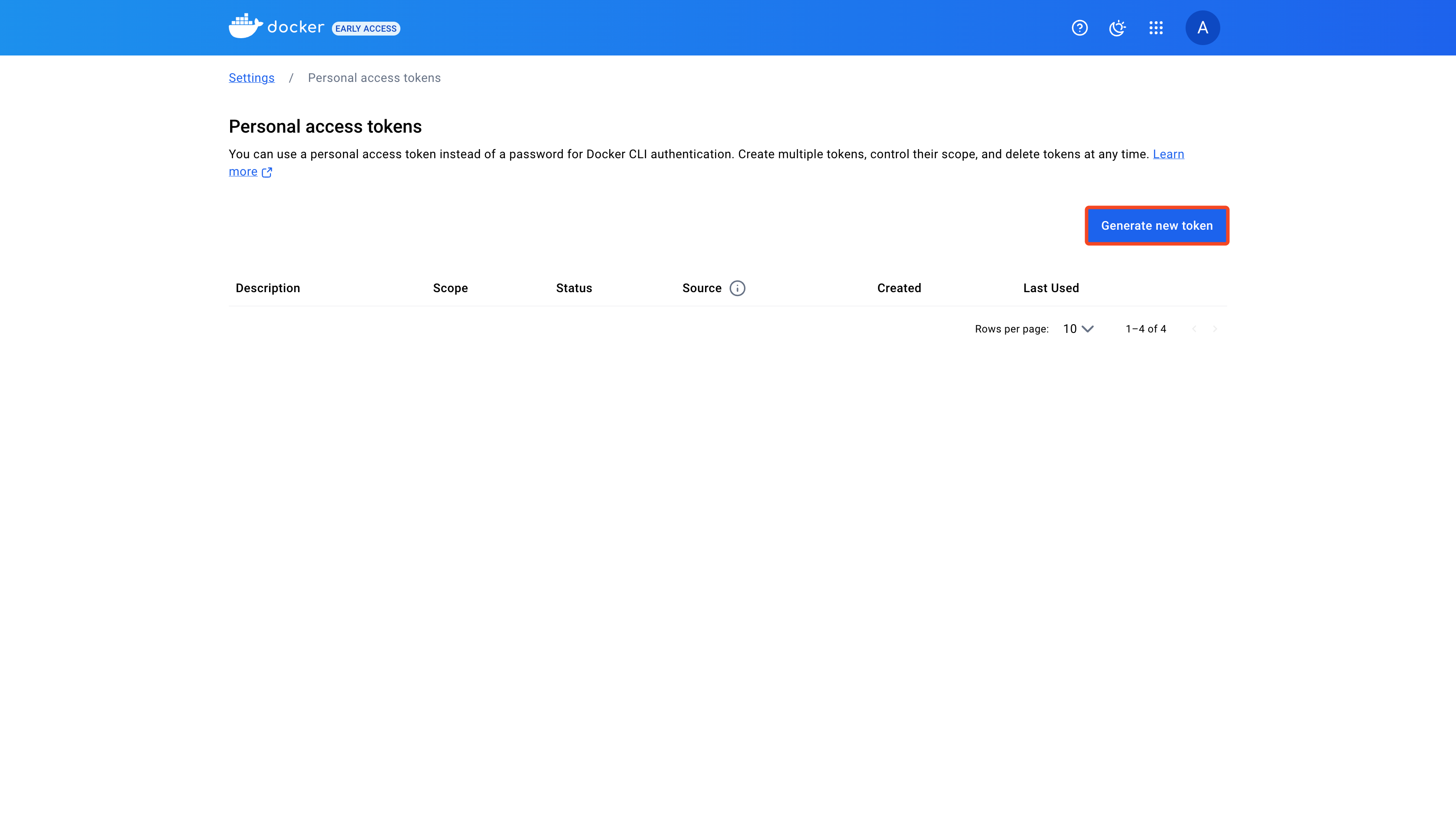 Docker Hub Generate New Token