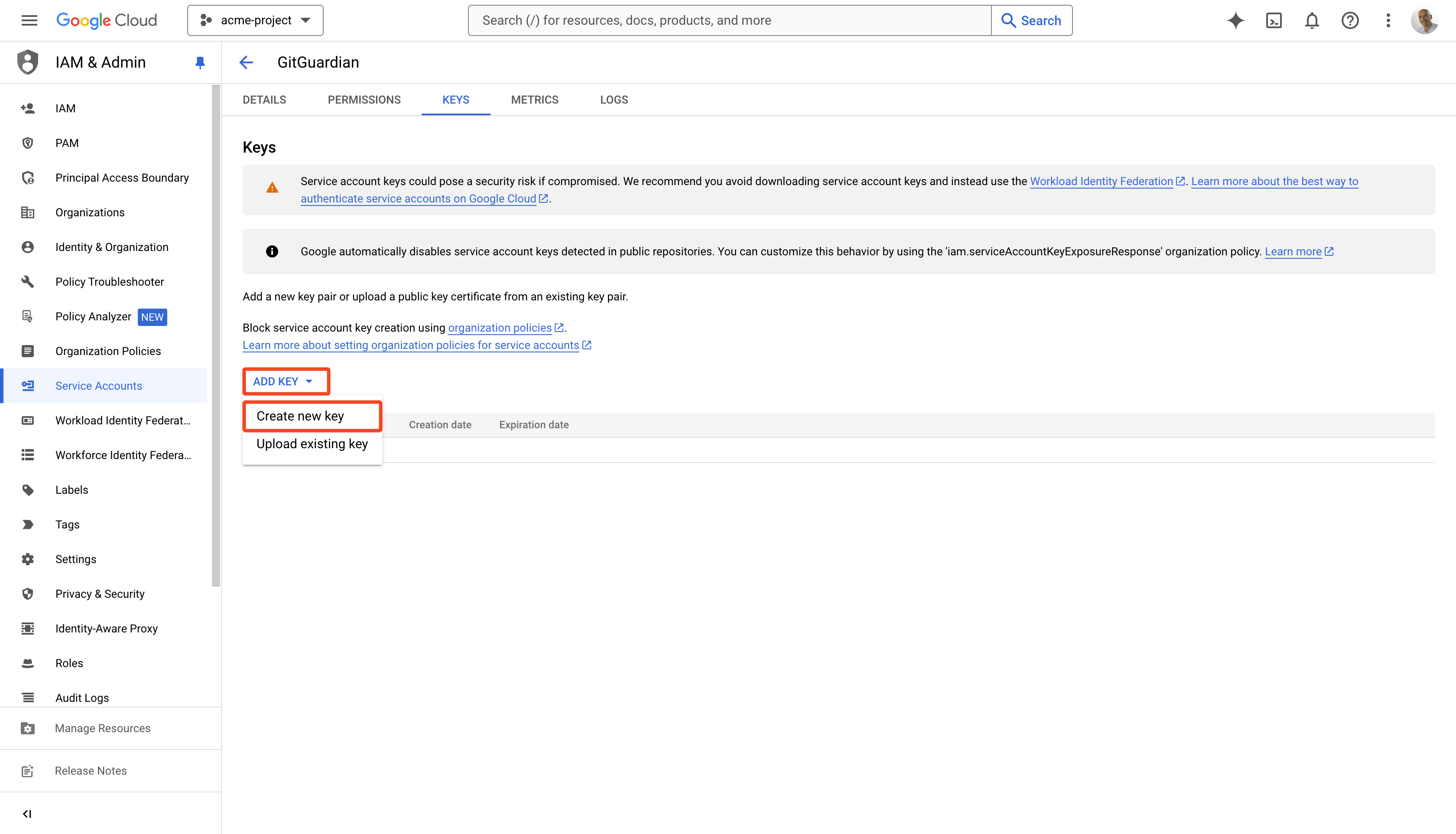 Google Artifact Registry Create New Key