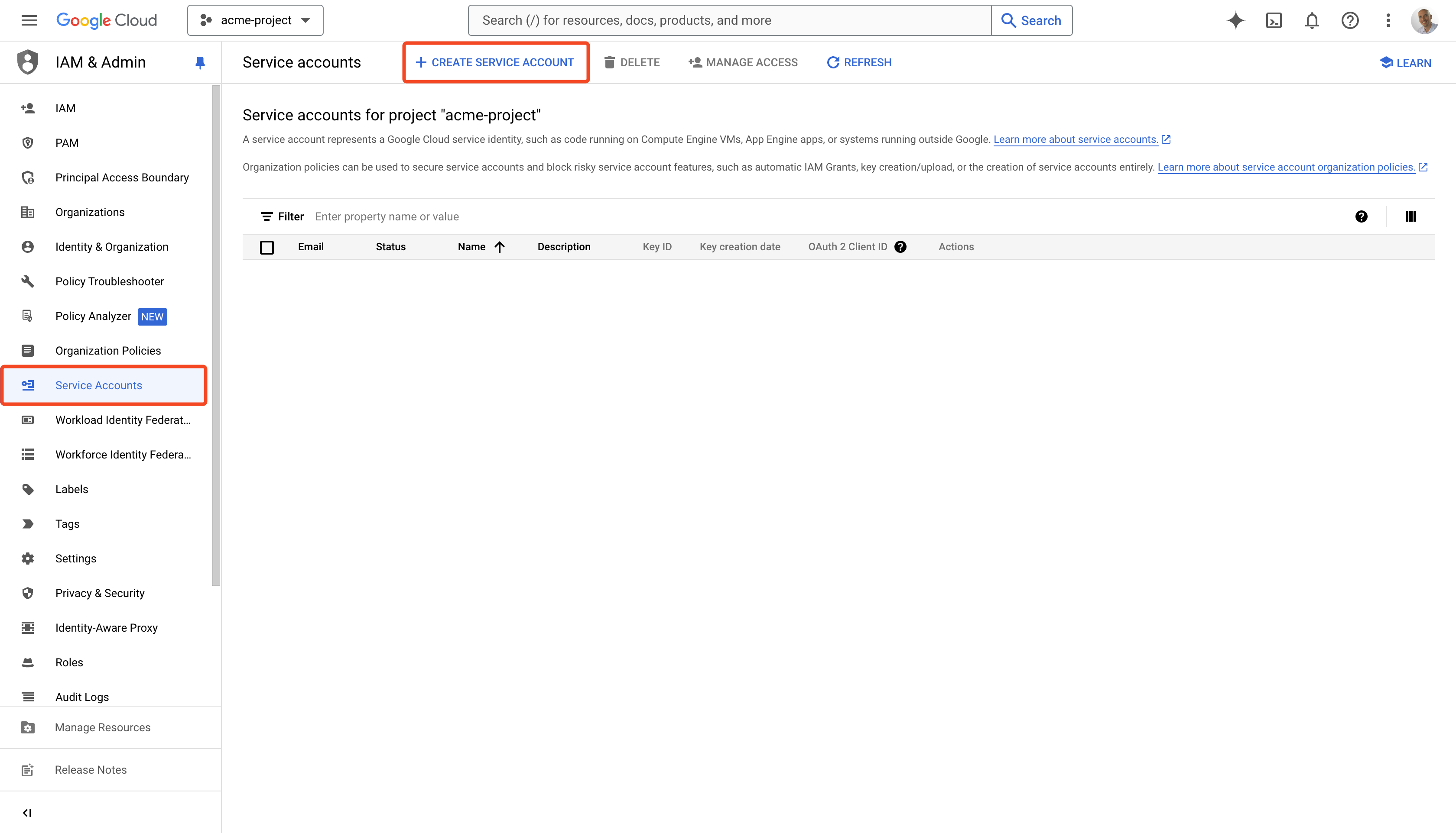 Google Artifact Registry Create Service Account