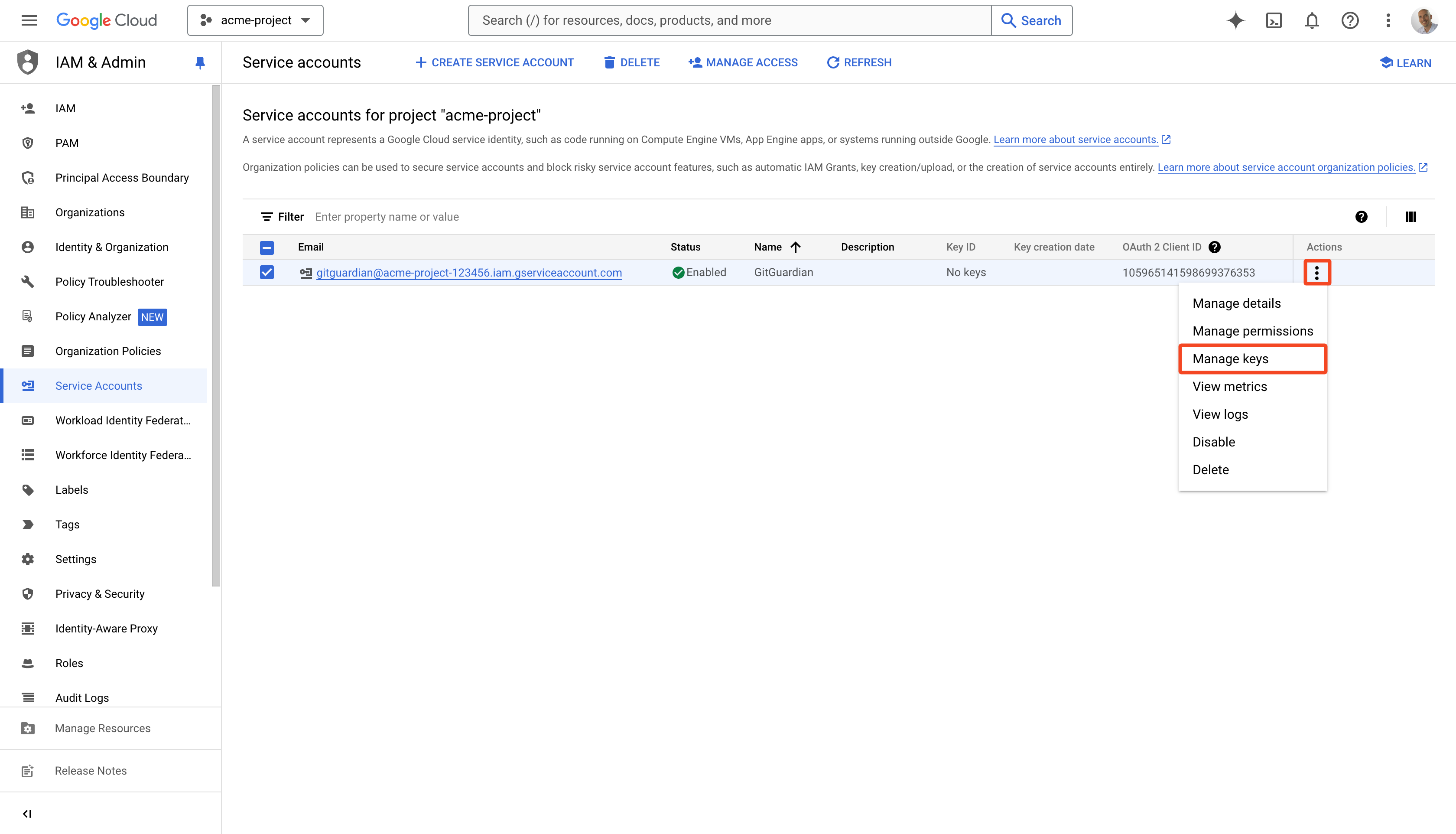 Google Artifact Registry Manage Keys