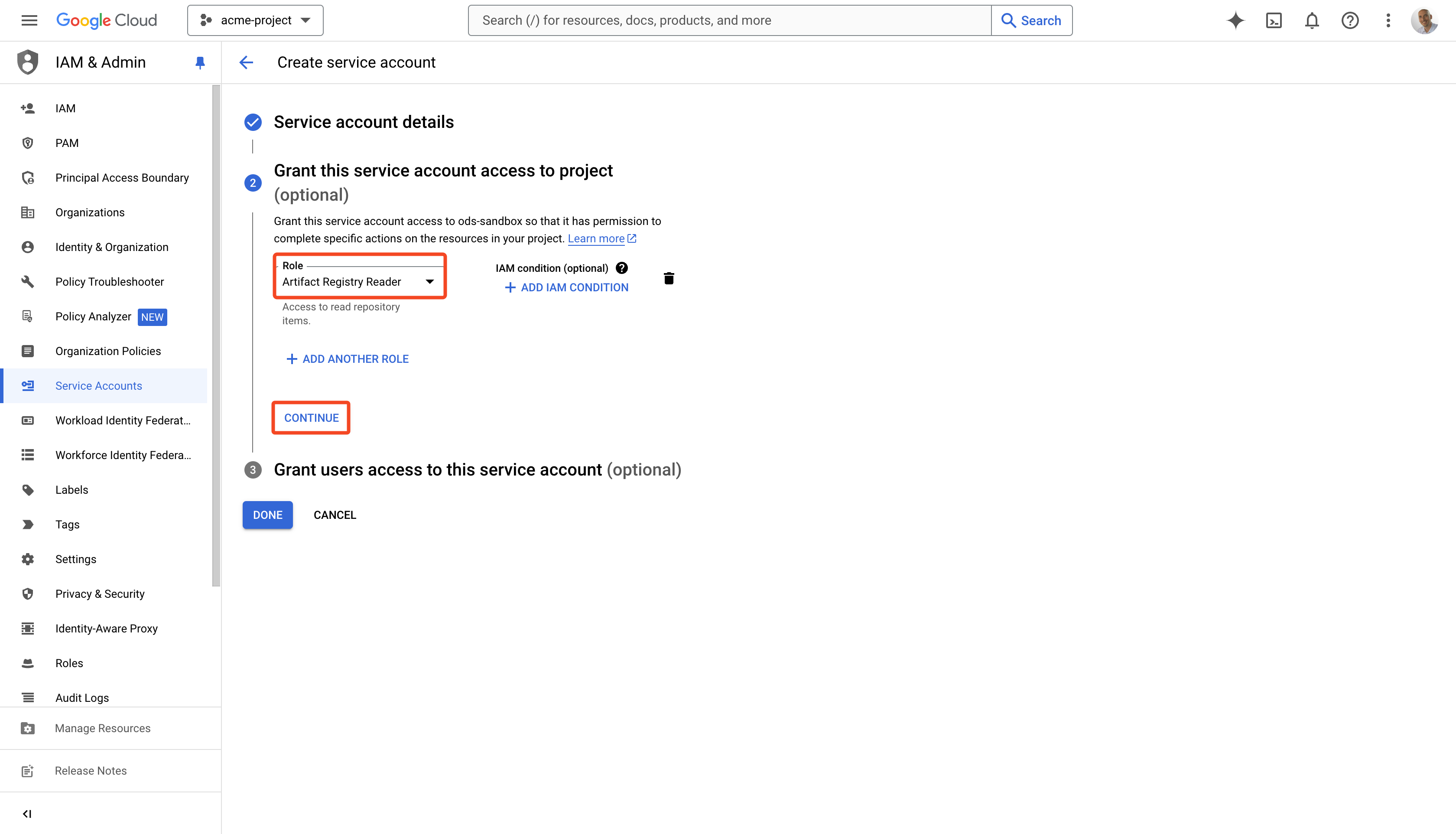 Google Artifact Registry Service Account Role