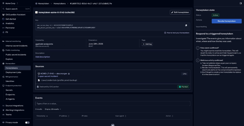 A honeytoken detail page showing the machine it was planted on and the credential profile it was written to