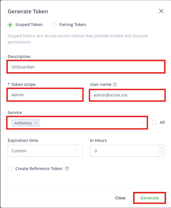 JFrog Platform Generate Token modal