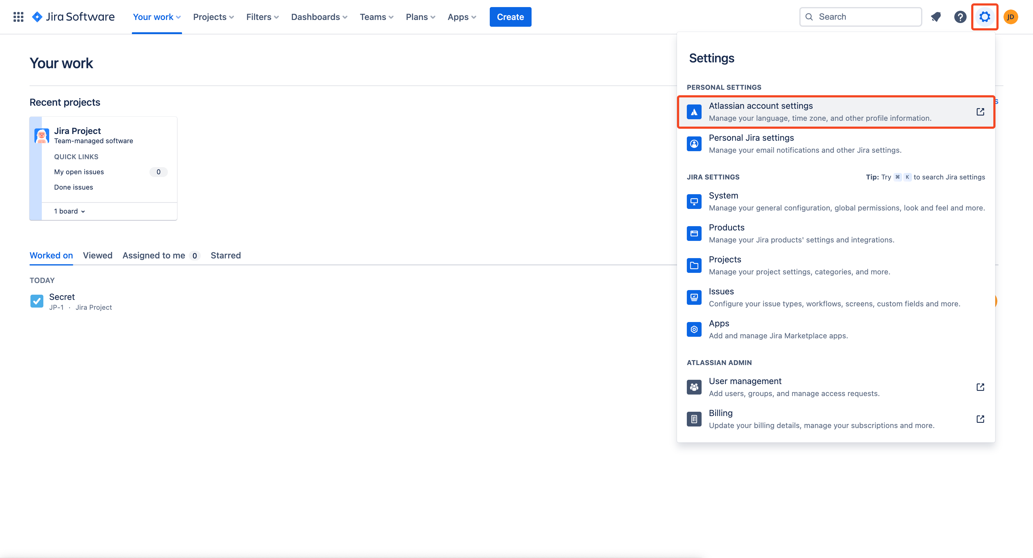 Jira Cloud Atlassian account settings