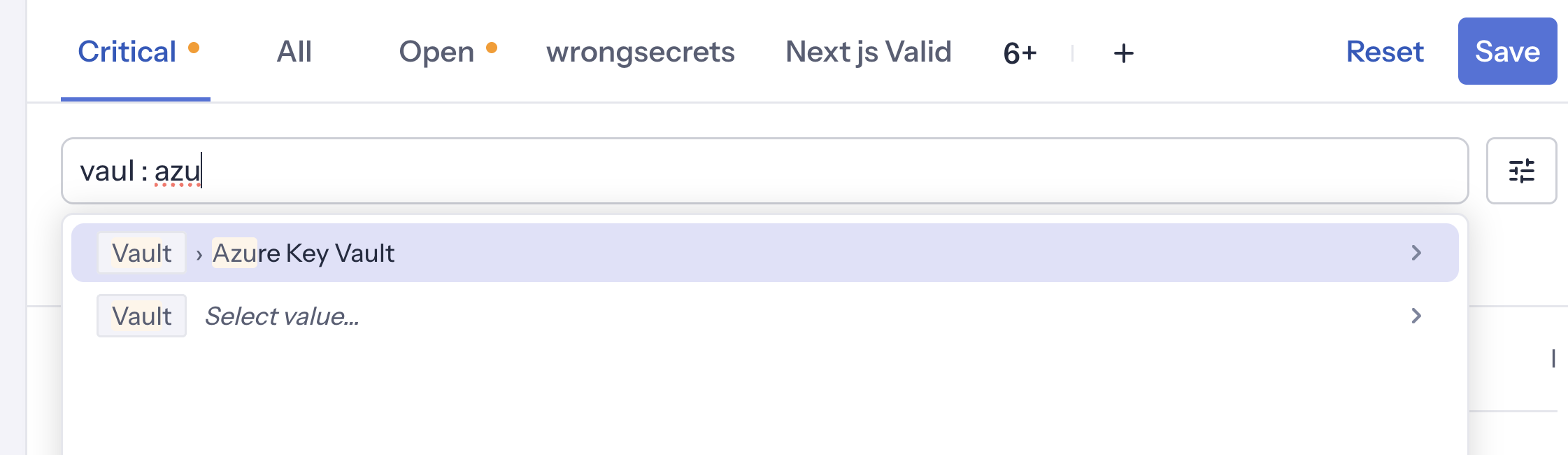 Typing "vaul : azu" suggests Vault › Azure Key Vault