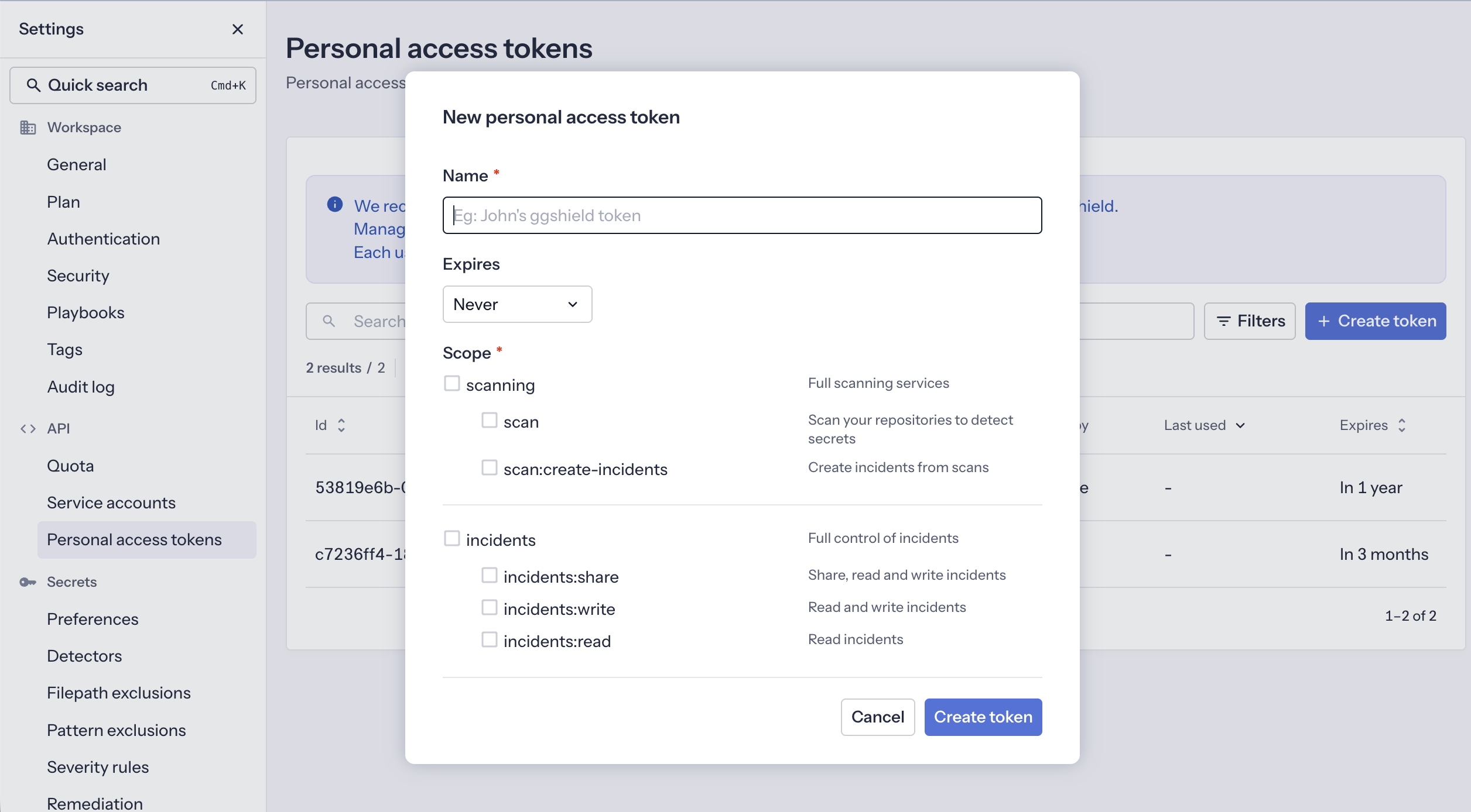 Personal access tokens modal