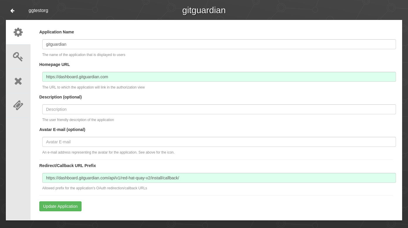 Red Hat Quay OAuth Application settings