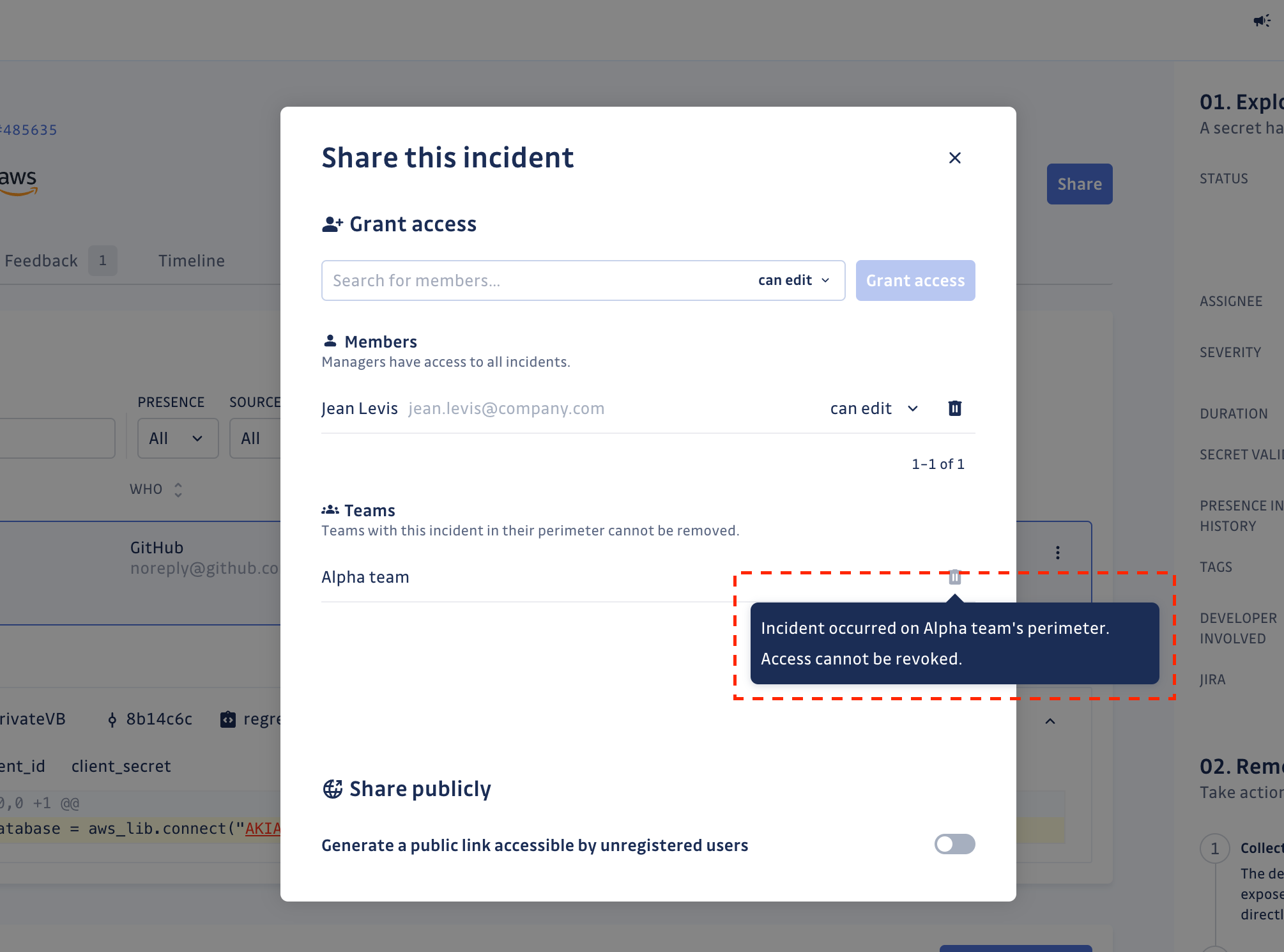 Revoke access not Authorized for team with perimeter involved