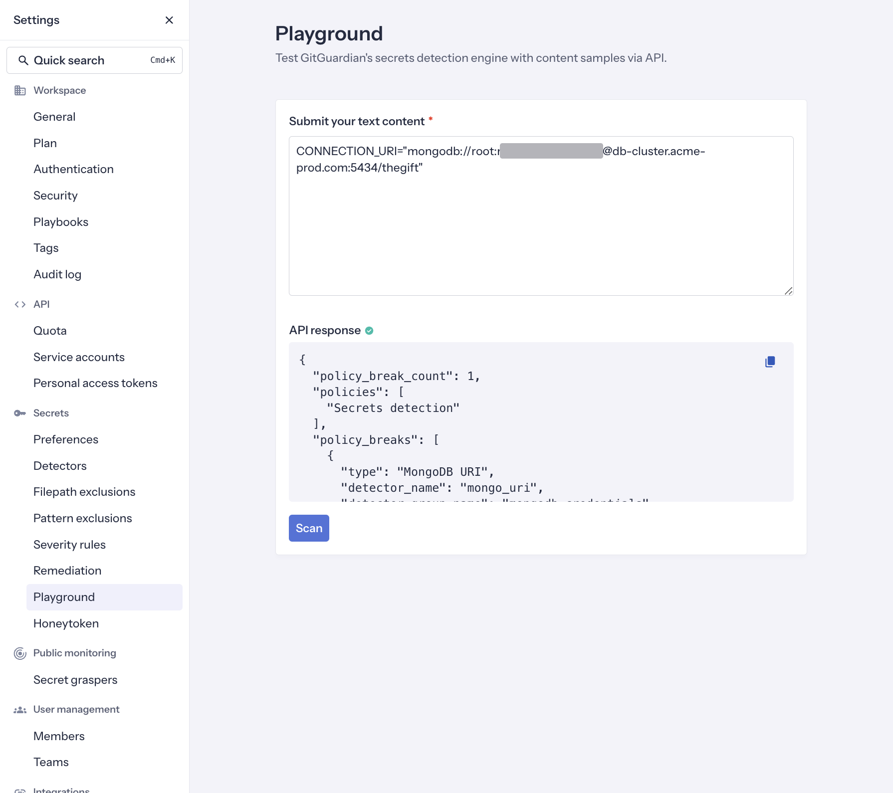 API Secrets detection playground
