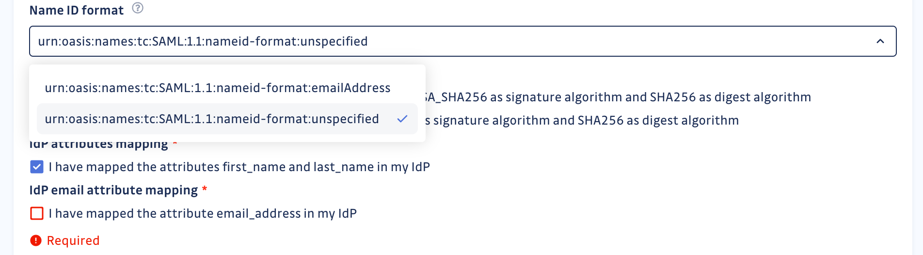 SSO NameId unspecified and email_address attribute
