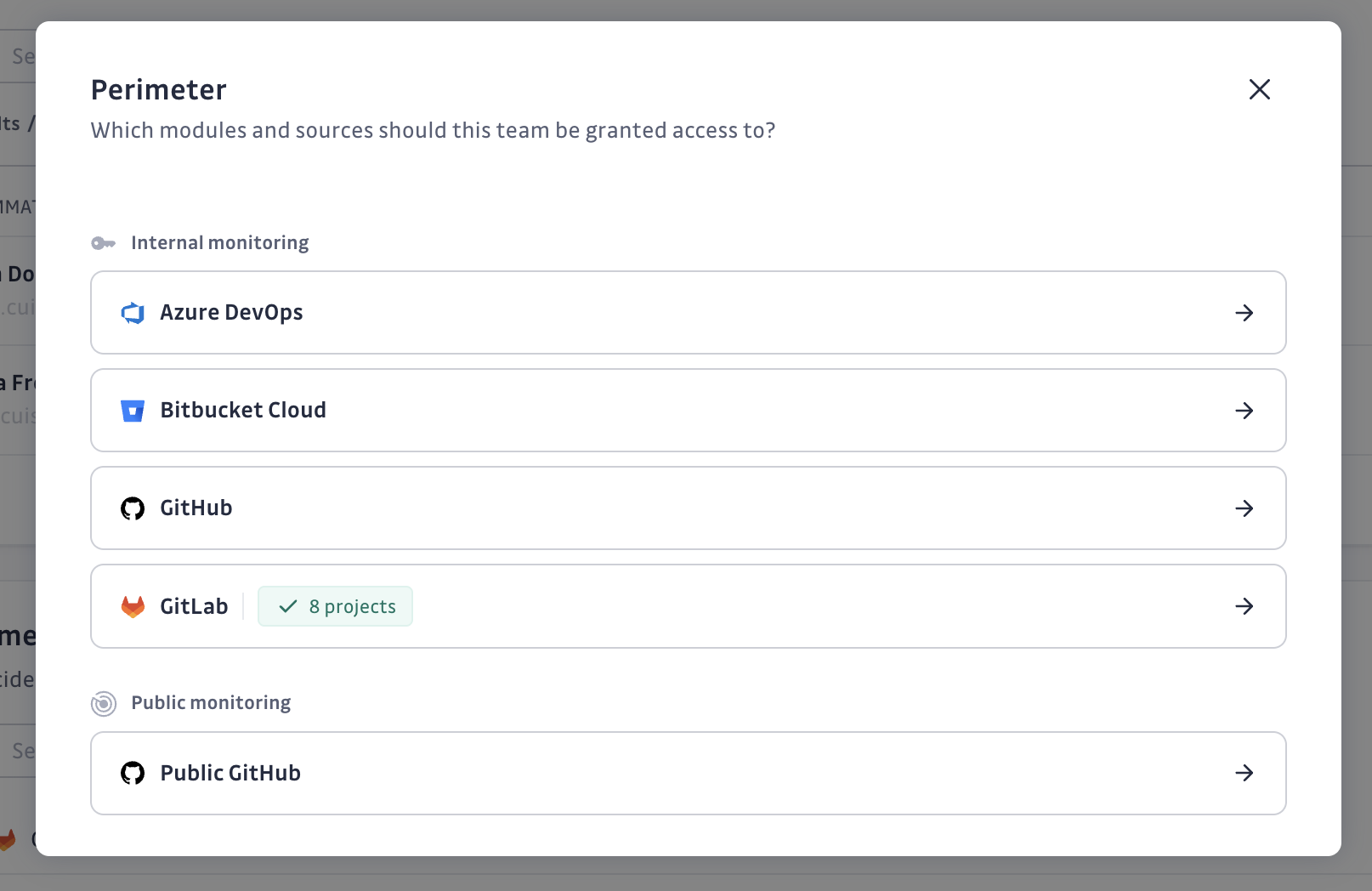 Team perimeter modal VCS selection