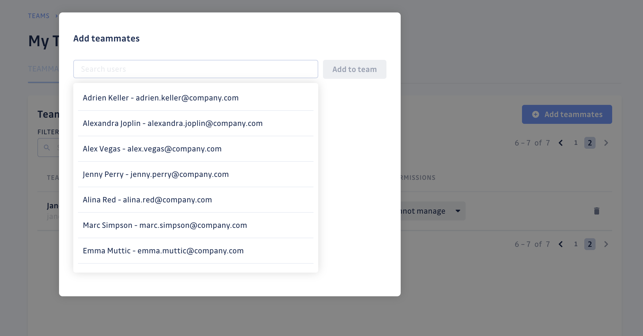Team addition modal