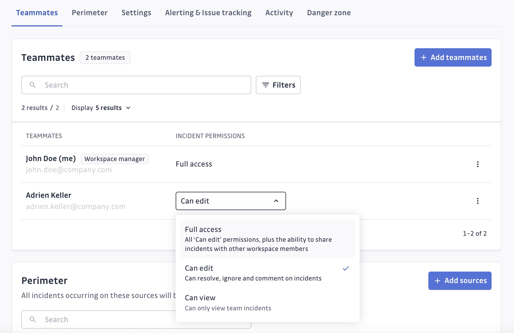 Incident permissions selection